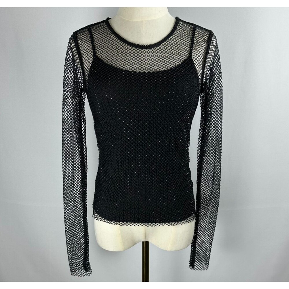 Rachel Zoe Mesh Top XS Black Rhinestone Fishnet Sheer Y2K Goth Club